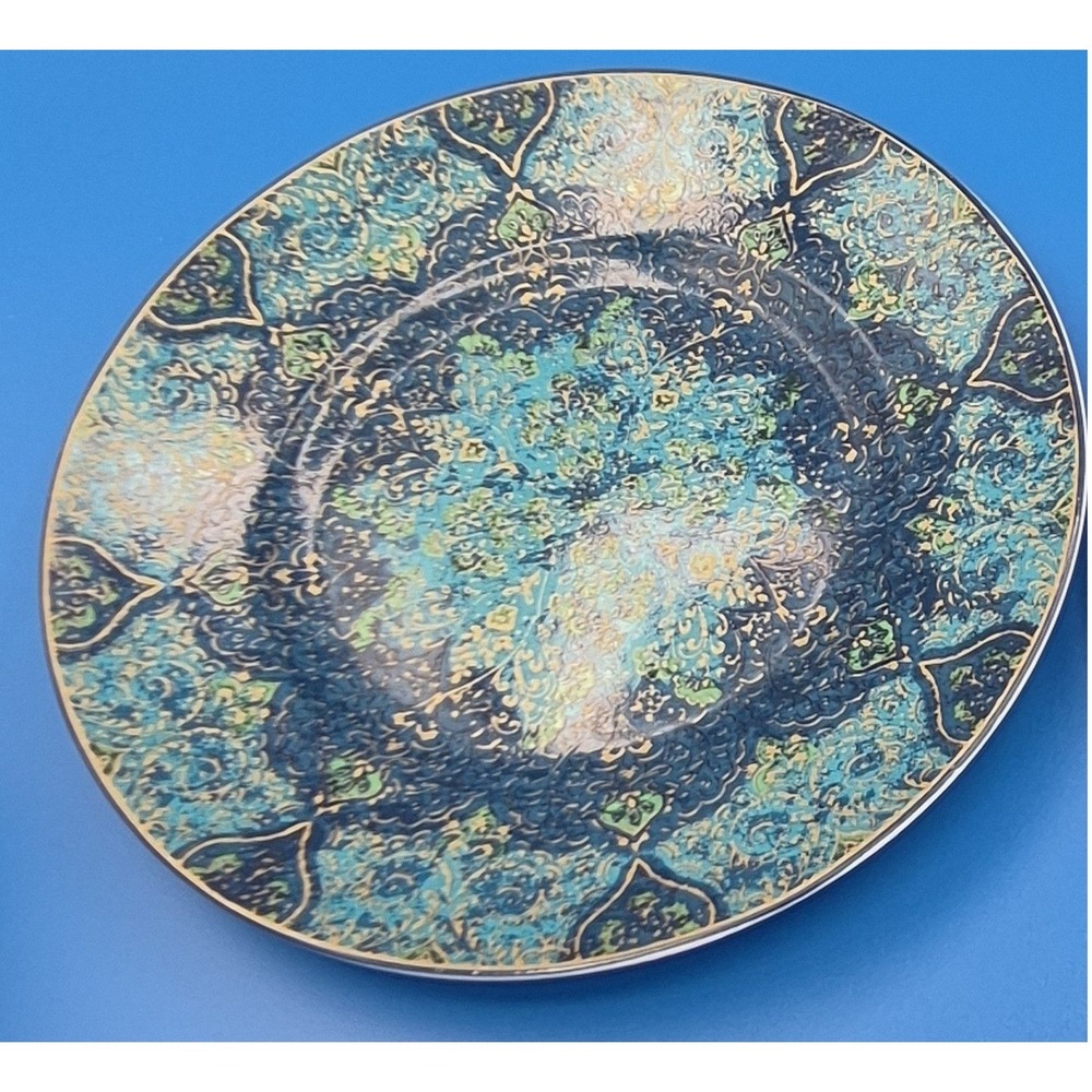 222 Fifth Eva Opulent Blue 2 Salad Plates 8.5" Turquoise Mandala Boho Fine China